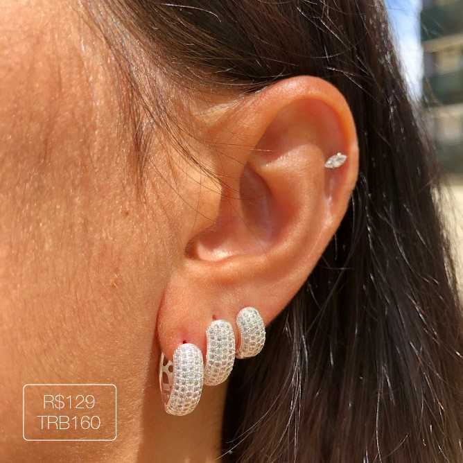 Trio de Argola 5 Carreiras Zirconia Luxo Cristal Prateado